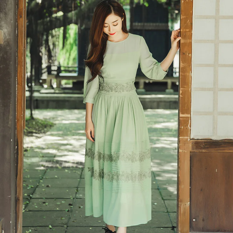 

Grass green chiffon lace pleated two-layer long midi dresses green lace long summer women dresses high quality formal dresses