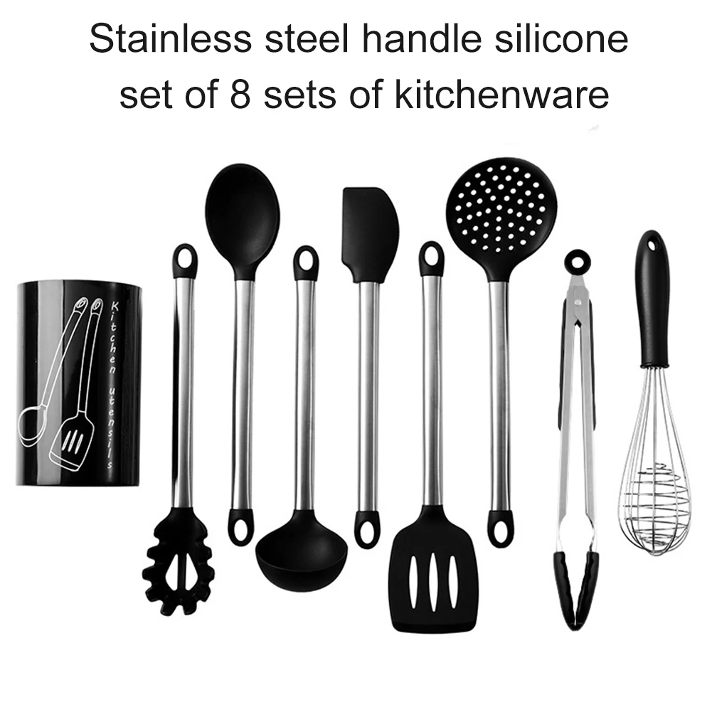 

Silicone Cooking Tools Spaghetti Spoon+ Eggs Beater + Spoon + Shovel + Clamp with Storage Cup @LS