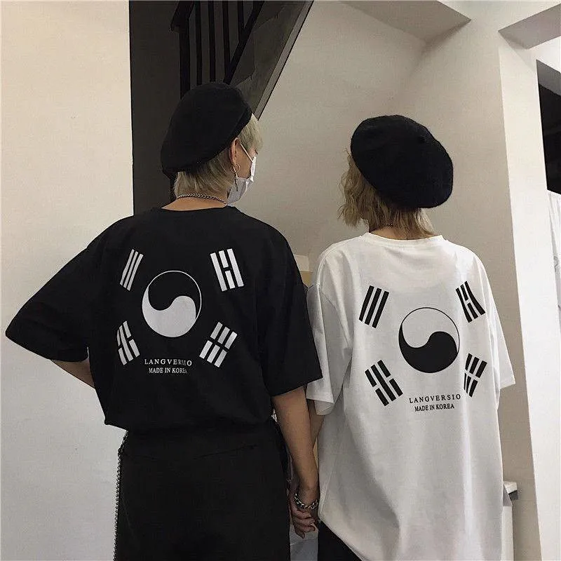 Корейский Harajuku BF футболка с принтом Мужская женская летняя Ins хип хоп свободные футболки большого размера Мужская Повседневная футболка уличная Мужская