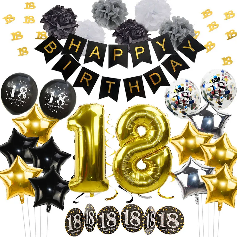 Acheter Kits de ballons en or noir, ballons joyeux anniversaire avec  lettres, confettis, décorations de fête, ensemble de boules d'anniversaire