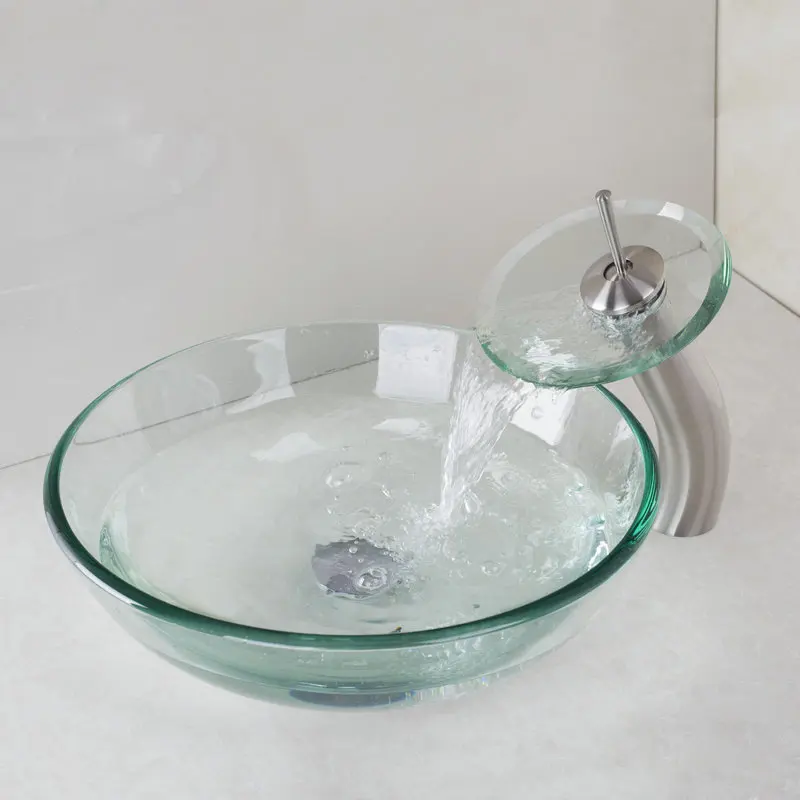 Victory Glass Bowl,Bathroom Sink,Wash Basin Nickel Brushed Waterfall