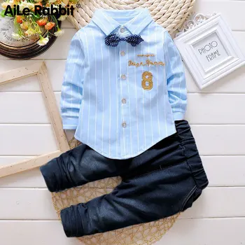 

AiLe Rabbit Baby Boys Suit Shirt T-shirt jeans 2pcs striped cardigan bow tie fashion denim suit alphanumeric 8 clothes k1