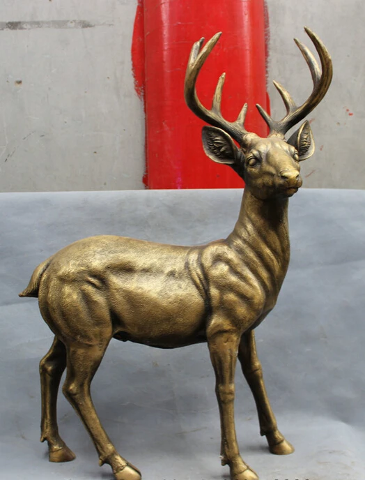 

S4638 27" Lucky Chinese Bronze Folk Animals Decoration Wealth Running Deer Sika Statue D0318