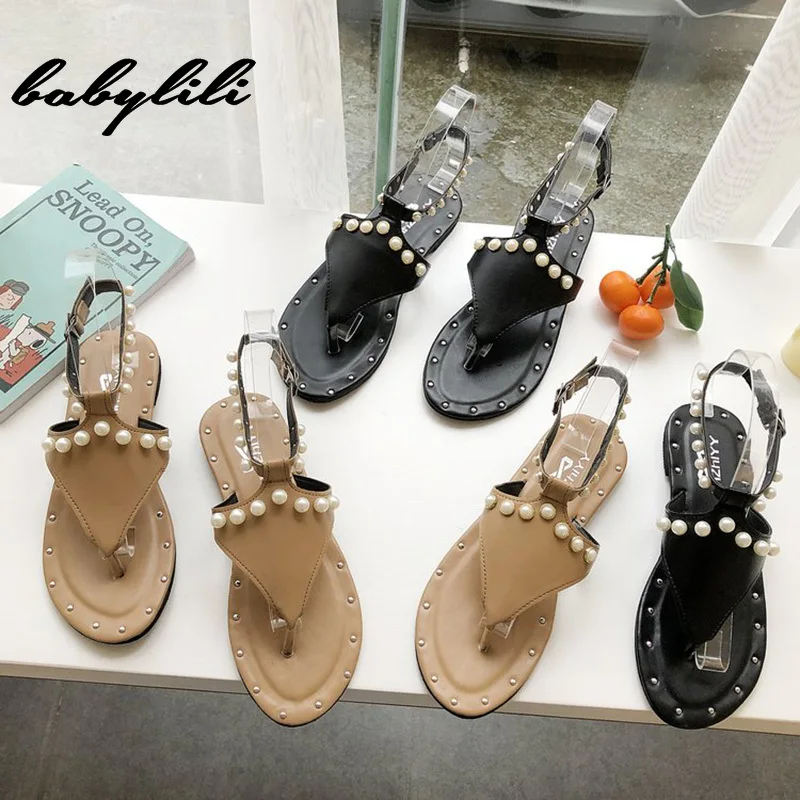 

Woman Pearl Buckle Strap Sandals 2019 New Summer Ladies Fashion Street Sandals Women's Open Toe Low-heeled Beach Style Sandals