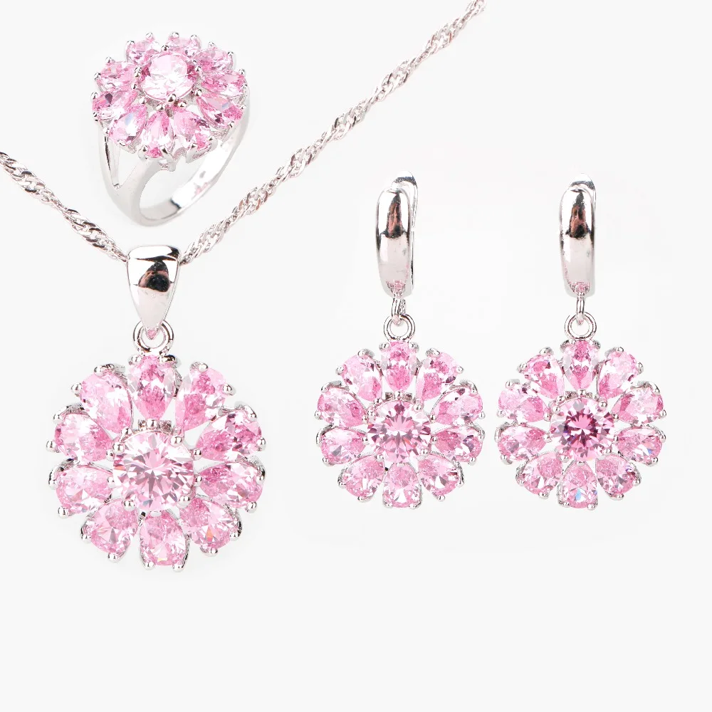 

2017 Special Offer Trendy Drop Pink Cubic Zirconia 925 Sterling Silver Jewelry Sets Earrings/Pendant/Necklace/Rings For Women