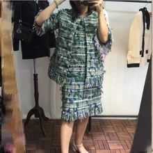 Высокое качество ограниченная Роскошный шелк и хлопок в смеси контрастного цвета 3d из ткани твидовый жакет с кисточкой-осень Дамы Топ