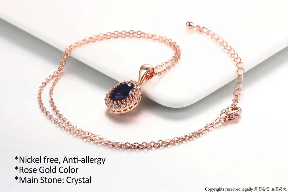 Двойной фиолетовый овальный кристалл ожерелье подвеска и серьги-гвоздики Розовое золото Цвет кубический цирконий свадебный ювелирный набор DFS384