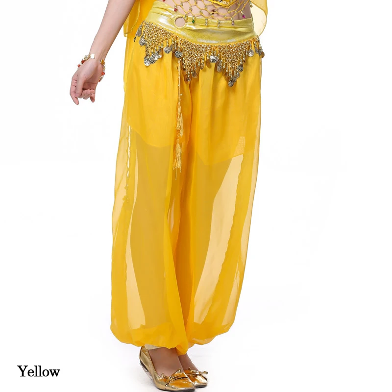 Индийские танцевальные штаны, женские шаровары, штаны для танца живота, шифон, блестки, Висячие монеты, шаровары, 1 шт., штаны для танцев, выступлений, 10 цветов - Color: Yellow