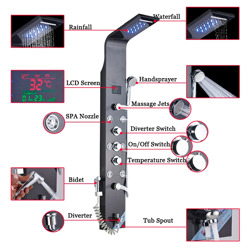 Смесители для биде для ванной комнаты, смесители для душа с цифровым дисплеем, душевая панель для ванны, башня для горячей и холодной воды, Душевая колонна для тела, спа-струи