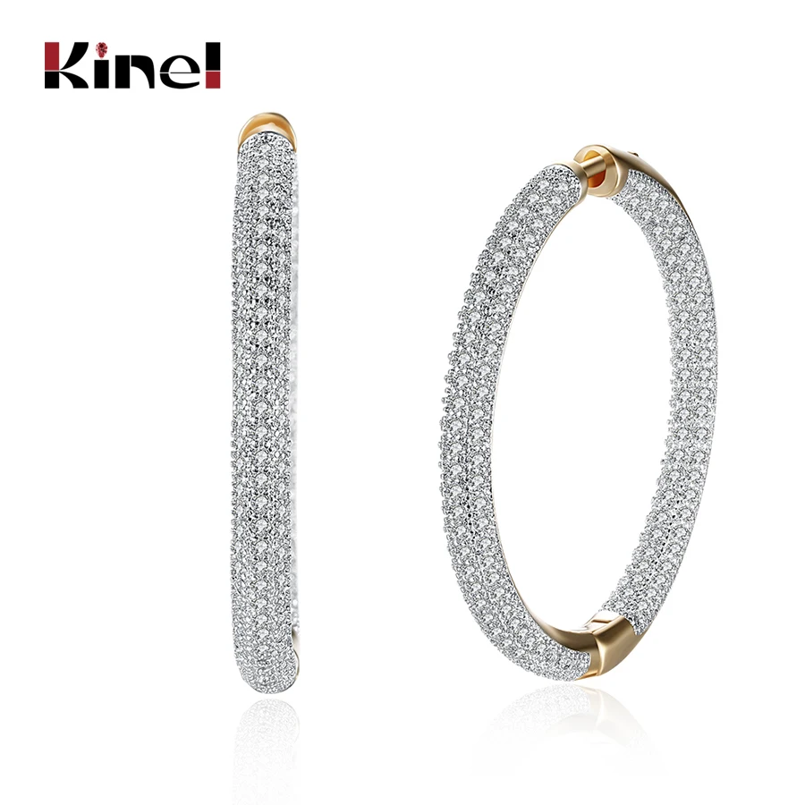 Kinel Gold Color White Zirconia Pave Round Big Ear Stud