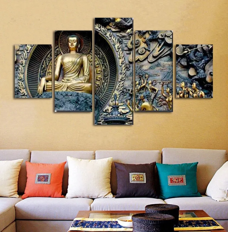 

Golden Statue Buddha Poster 5 Panels Painting Unframed Printing Picture Living Room Decor Modern Figure Picture