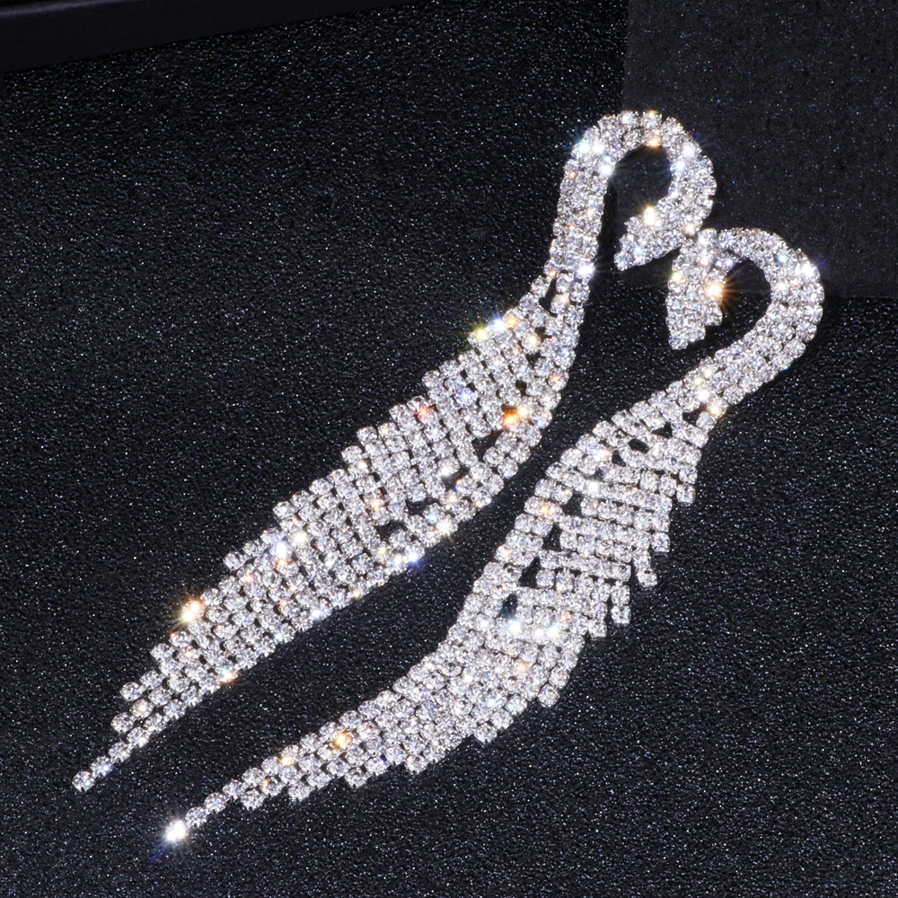 Luxury Crystal Long Tassel Earrings Classic Bridal Dangle Drop Earring Brincos Wedding Engagement Jewelry Accessories WX041
