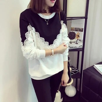 

women Lace Stitching Blouse Spring Autumn Fashion Long Sleeves slim tee Tops female Casual Black Gray