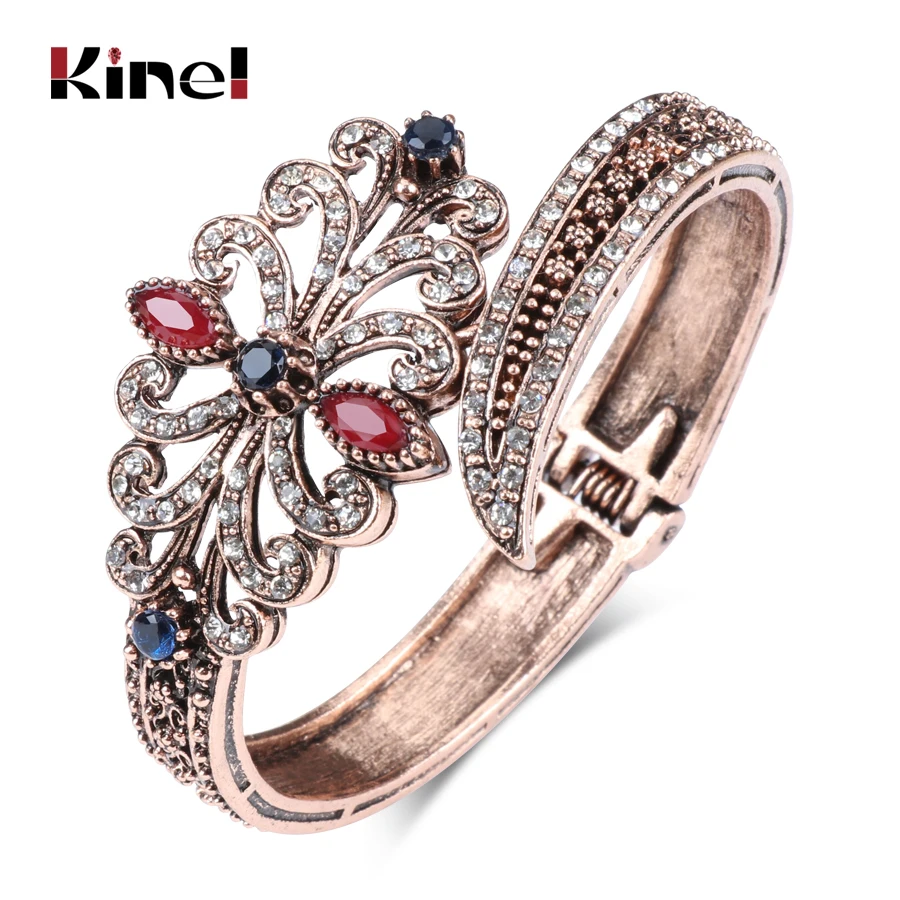 

Kinel Unique Charm Cuff Bracelet For Women Gold Color Turkish Retro Crystal Flower Big Bracelet Party Jewelry Accessories