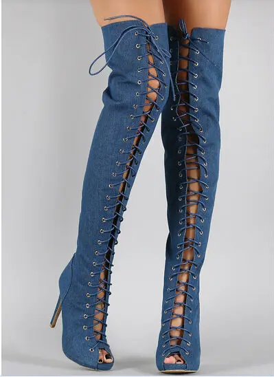 Новинка дизайнерские ботинки из джинсовой ткани со шнуровкой на высокой шпильке высококачественные сандалии-гладиаторы ботинки сезон осень-зима большой размер 43