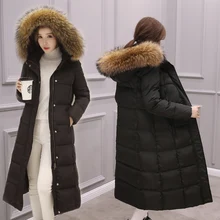 Новое модное женское зимнее пуховое пальто с большим натуральным мехом с капюшоном, длинная толстая Парка выше колена черного и серого цвета размера плюс XXL 2XL