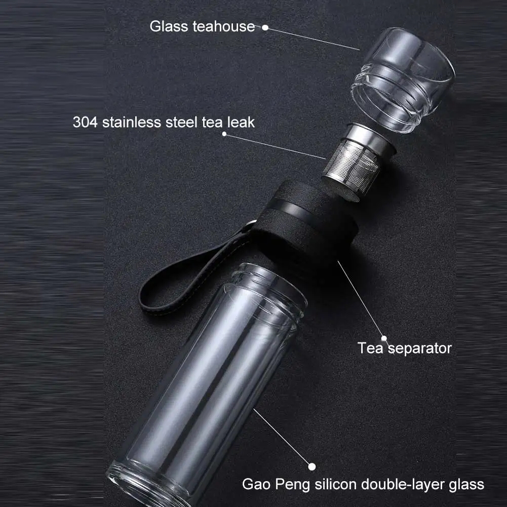 Transparent Glass Tea Cup Portable Water Tea Bottle with Separate Cup@LS