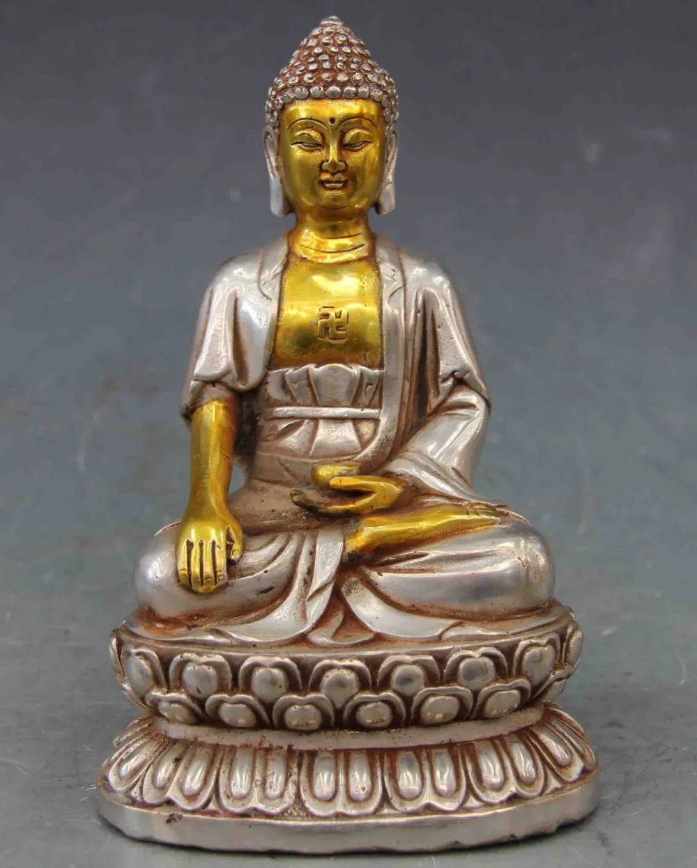 

Collectible bronze lion statue S0620 6.5 Chinese Buddhism White Copper Silver Tathagata Amitabha Rulai Buddha Statue (B0328)