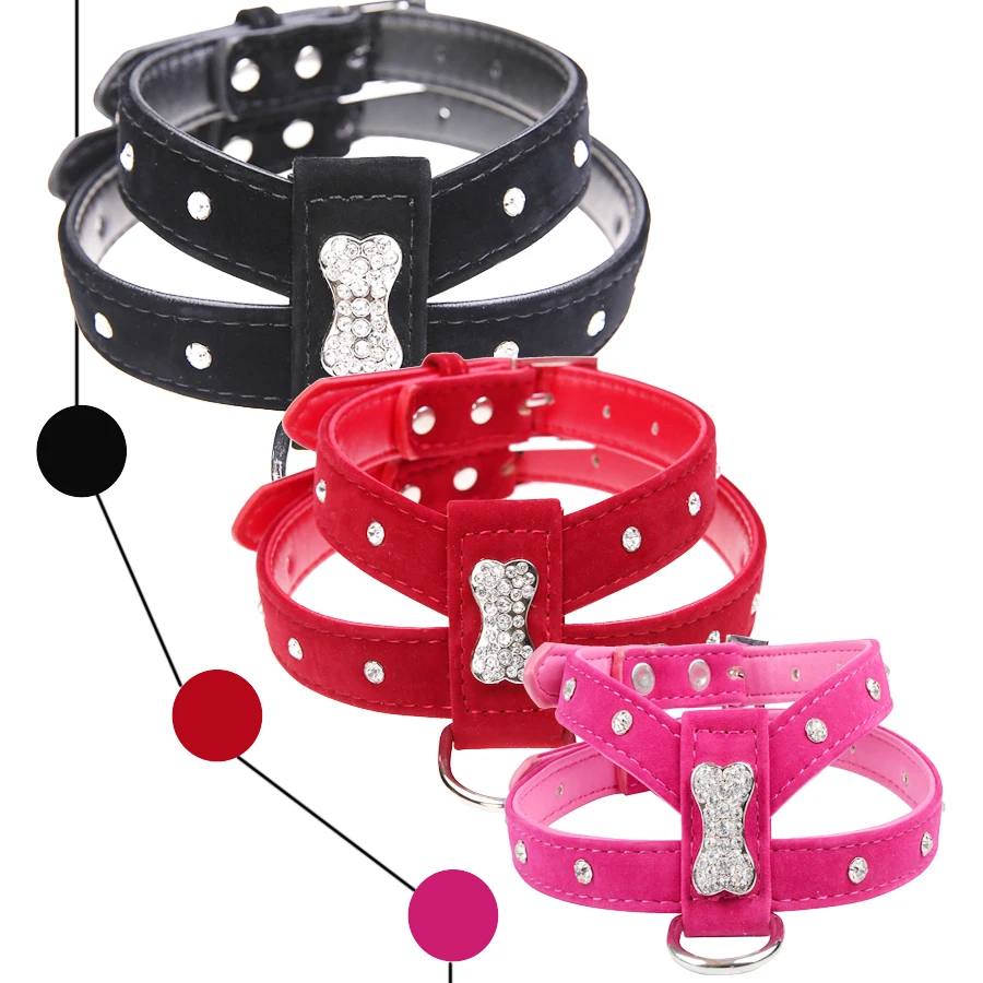 Bling Rhinestone Bone Velvet & Leather Pet Puppy Dog Collar Harness ...