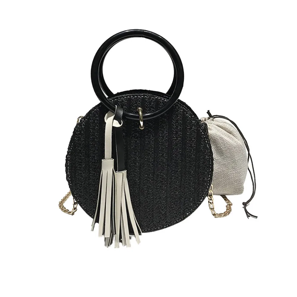 Модные Для женщин старинные плетеная, из соломы перо с круглым сумка Повседневное цепи сумка кошелек Для женщин сумки 2019 Новый