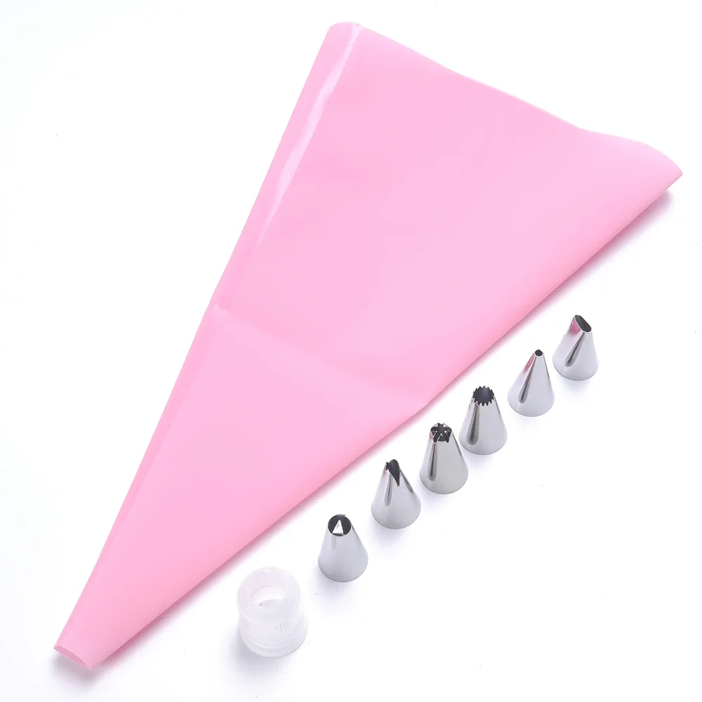 8 PCS/Set Silicone Kitchen Accessories Icing Piping Cream Pastry Bag+ 6 Stainless Steel Nozzle Set DIY Cake Decorating Tips Set - Цвет: pink