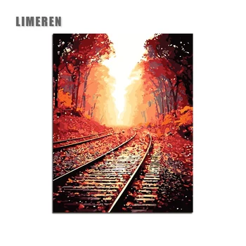 

Autumn Senery Maple Tree Railway Landscape DIY Painting By Numbers Kit Paint On Canvas Painting Calligraphy For Home Decor