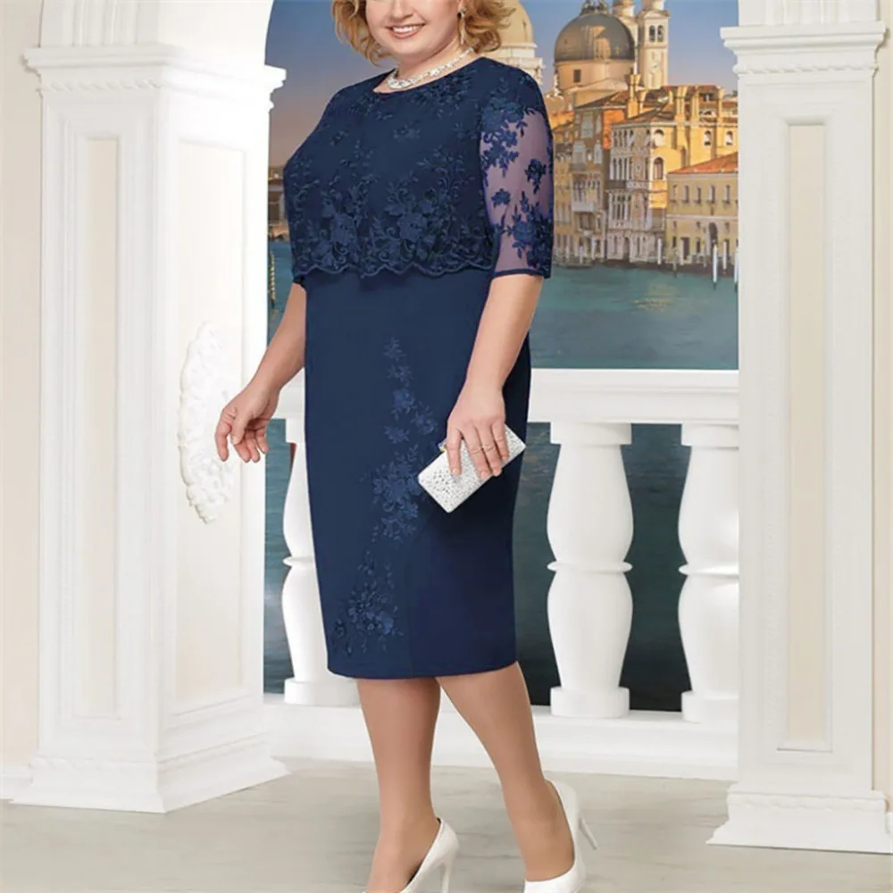 

JAYCOSIN Plus Size Chiffon Dresses Women New Fashion Polyester Short Sleeve Stitching Casual Sheath Lace Dress For Summer 0221