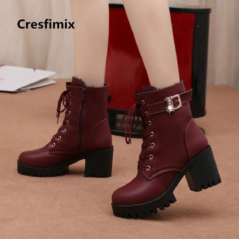 

Cresfimix botas femininas women casual black pu leather autumn & winter high heel boots lady casual street wine red boots a2840