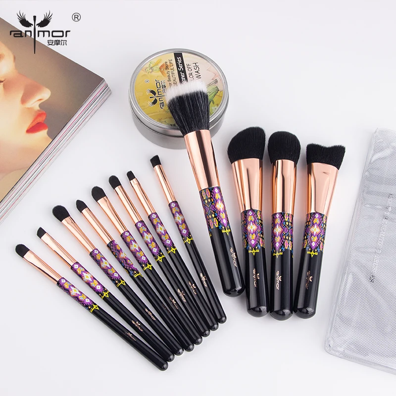 

2019 Anmor 12PCS Makeup Brushes Sets With Bag And Cleaning Box Foundation Eyeshadow Eyebrow Brushes For Cosmetics Beauty Tools