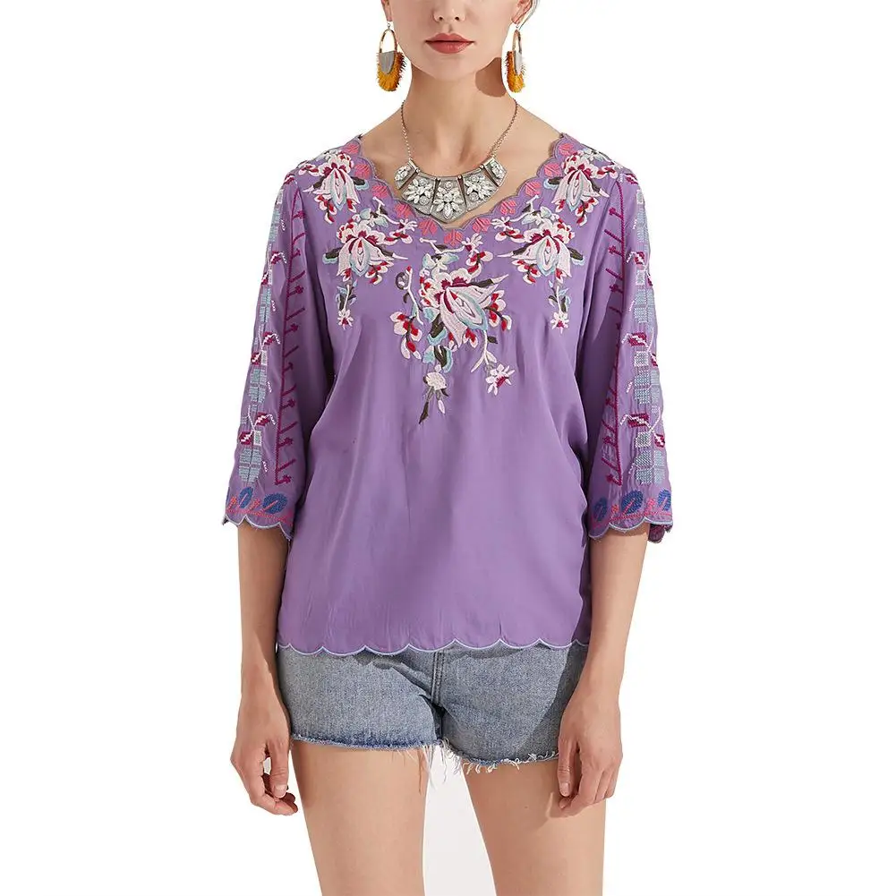 

2019 New Yfashion Women Loose National Embroidered Shirt Breathable Loose Sleeve Shirt
