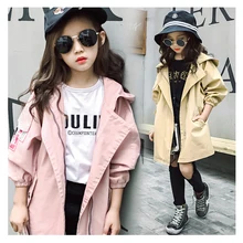 Модный Тренч с капюшоном для девочек осеннее пальто для девочек-подростков Детские корейские куртки на молнии с принтом для подростков 6, 8, 10, 12 лет