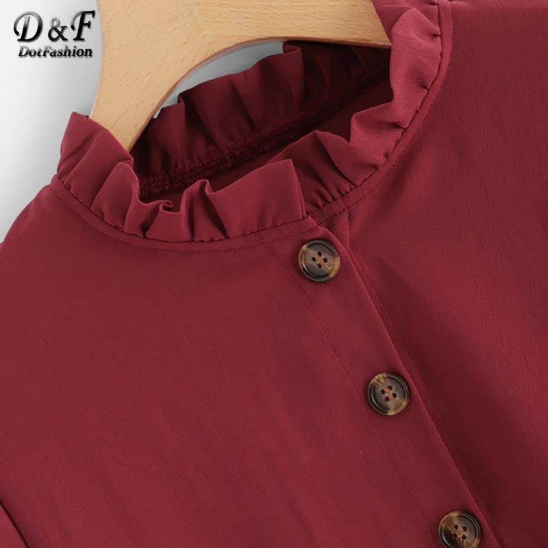  Dotfashion Burgundy Solid Frill Button Through Blouse Women 2019 Autumn Casual Ladies Top Stand Col