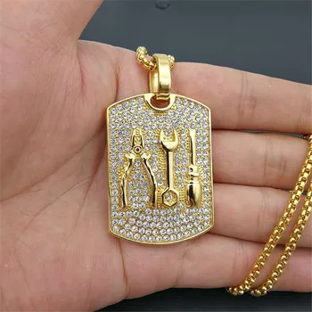 

Iced Out Wrench Necklace & Pendant With Stainless Steel Chain Gold Color Bling Cubic Zircon Men's Hip hop Jewelry For Gift