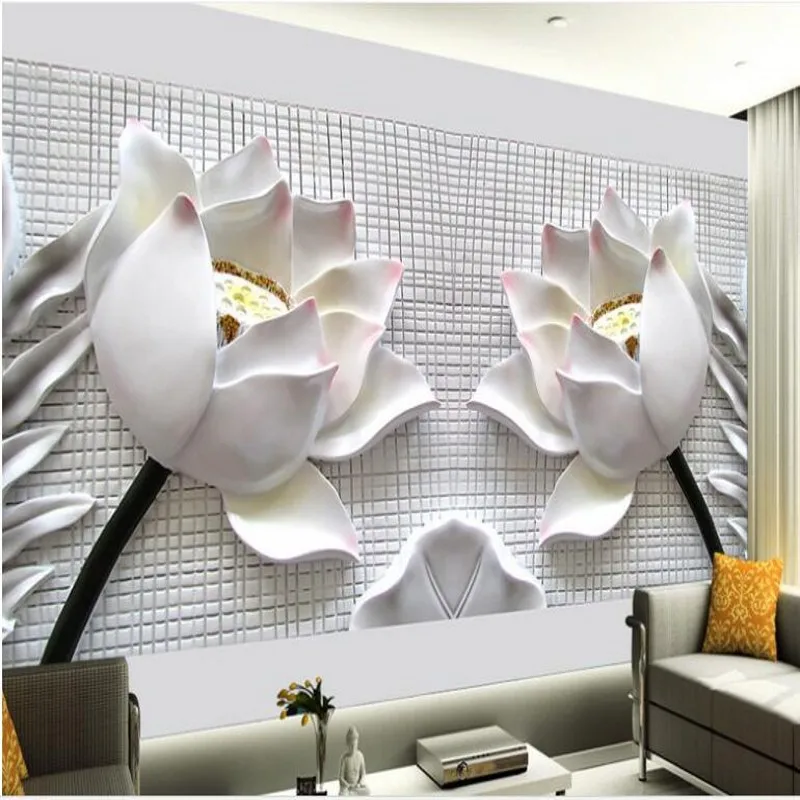 

wellyu Custom large - scale murals high - end three - dimensional relief lotus fresco TV background wall wallpaper