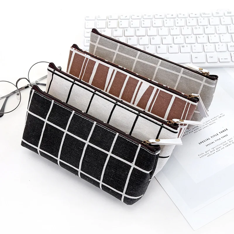 

Stationery Striped Canvas Pencil Case school Pencil Bag Simple grid Writing pencilcase Office Supplies Pen bag Students Pencils