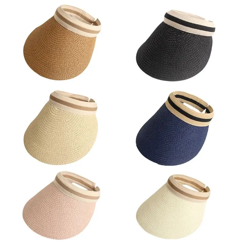 Adult Kids Summer Straw Weave Sun Protection Beach Hat Empty Top Contrast Color Stripe Family Large Wide Brim Clip-On Peaked Cap |