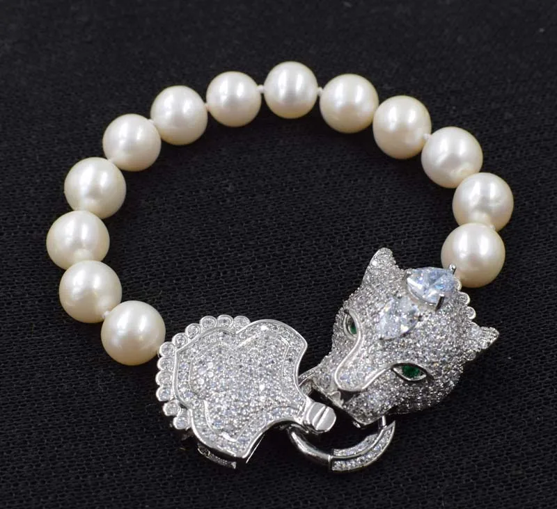 

white freshwater pearl near round 10-11mm bracelet leopard clasp wholesale nature beads FPPJ