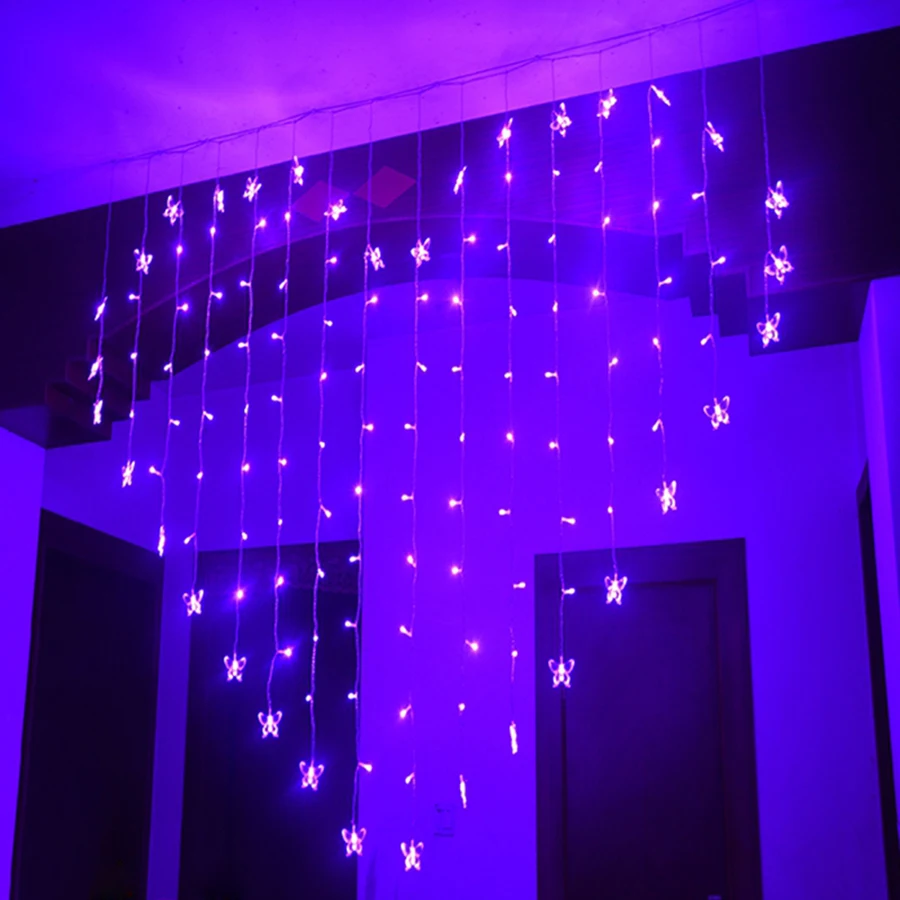 Thrisdar 2.5M*1.5M 124 Led Starry Heart shaped Curtain Fairy String LightChristmas Wedding Party Butterfly Window Icicle Garland