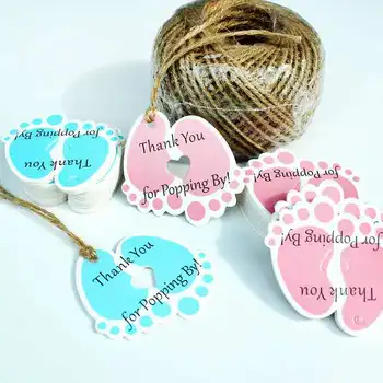 

50Pcs Kraft Paper Hang Labels,Baby Feet Tags With Jute Twine "Thank You For Popping By" Pink Small Tags Baby Shower Gift Tags