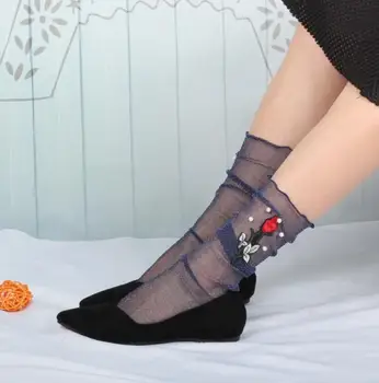 

women's sexy lace socks lady's black mesh lace sock spring and summer beaded flower embroidery socks R319