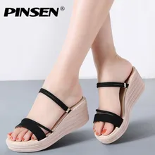 PINSEN/ новые модные женские босоножки, удобные летние босоножки из замши на высоком каблуке, женские черные босоножки на платформе, sandalia feminina