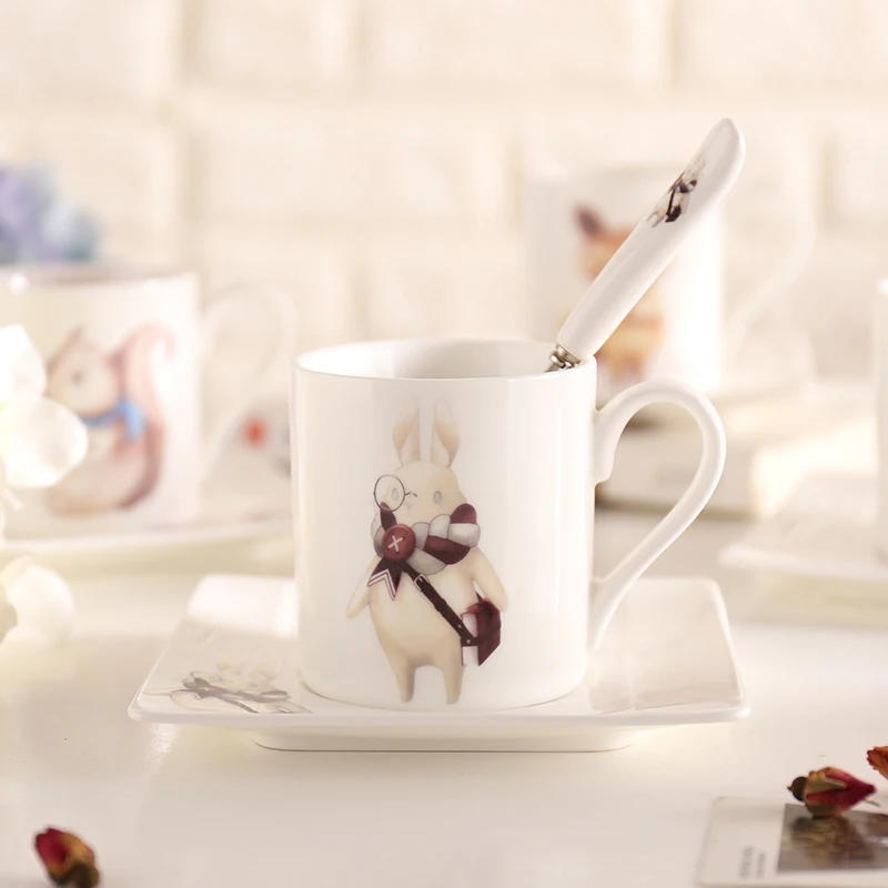 Bone China кофейная чашка блюдо сказки Kawaii мультяшный комплект керамика Кофе Молоко чай Кружка поднос ложка набор стакан Квадратная тарелка