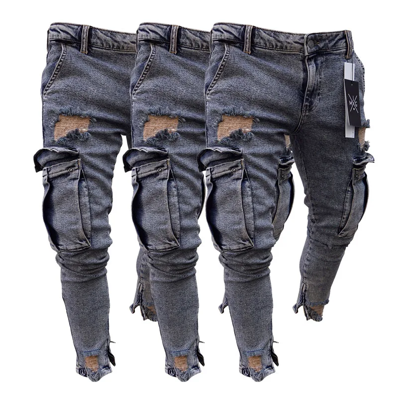 Мужские эластичные рваные обтягивающие байкерские рваные узкие брюки