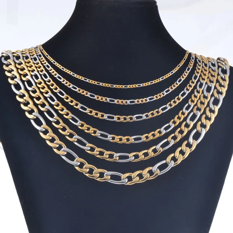 Stainless Steel Necklace 3.0mm-7.5mm Vintage Figaro Chains Women Silver Gold Color Tone