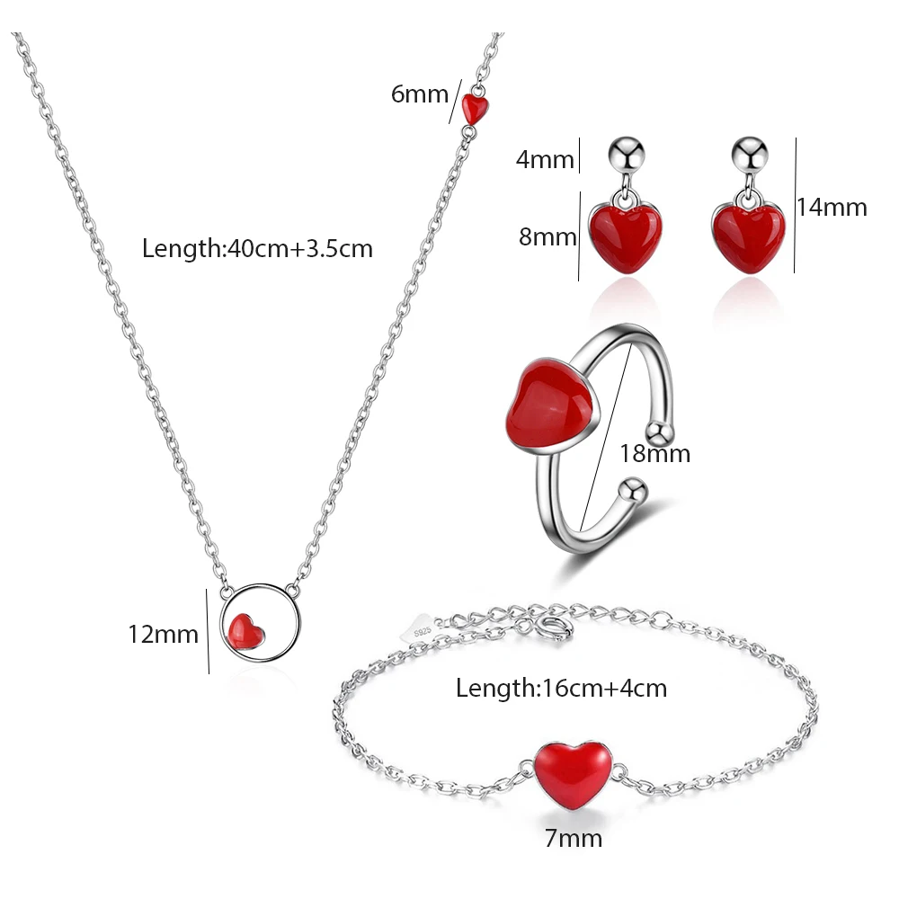 ANENJERY 4 стиля простые 925 пробы серебряные Ювелирные наборы ожерелье Красное сердце+ серьги+ кольцо+ браслет для женщин подарок - Окраска металла: S(N309E496B130R470)