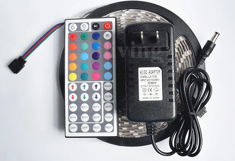 5M 5050 Светодиодные ленты RGB Водонепроницаемый светодиодный Диодная лента IP65 лента SMD мульти Цвет 44-клавишный пульт дистанционного управления, работающего на постоянном токе 12 В в Мощность адаптер