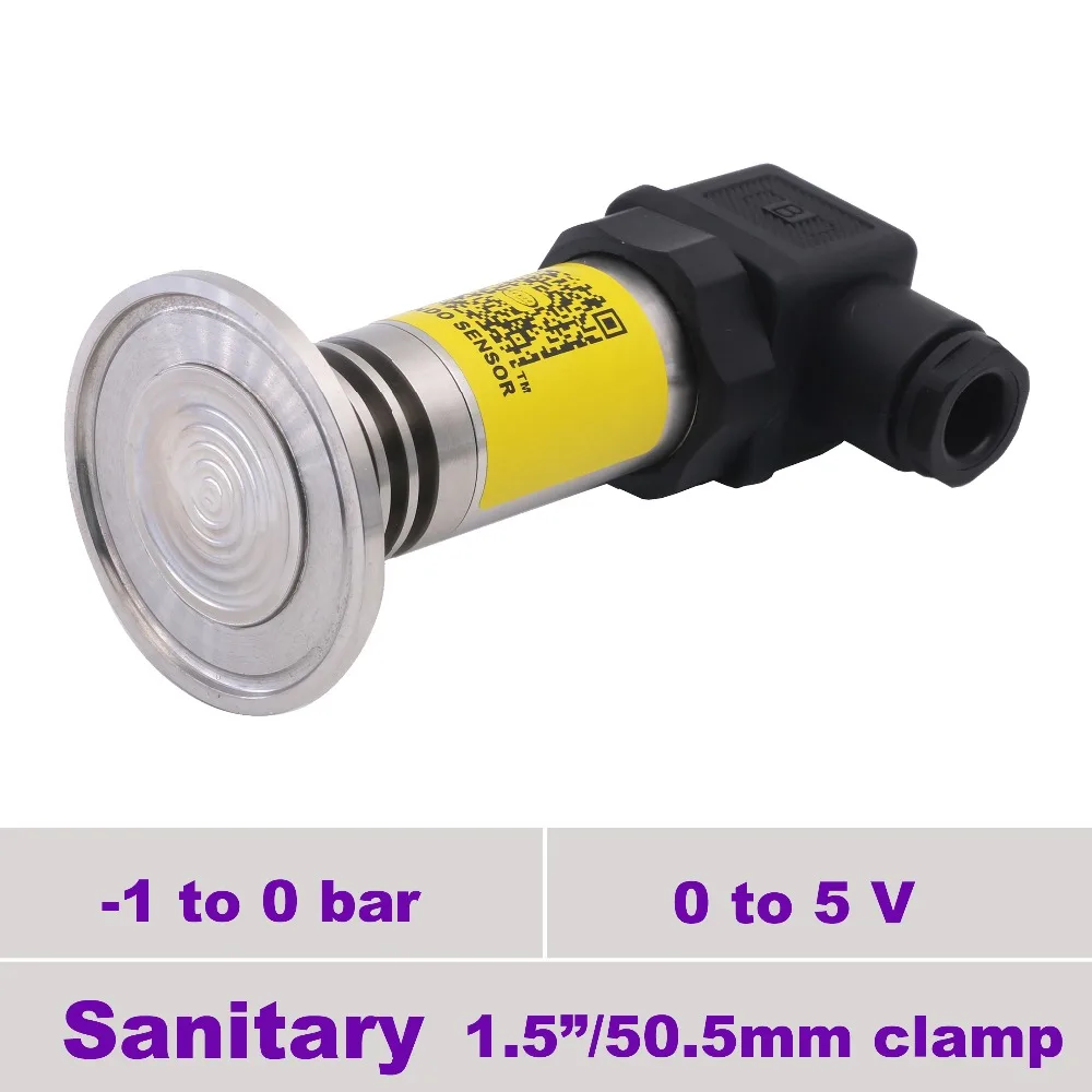 

sanitary pressure sensor 0-5V output, 3 wire signal, vacuum -1 to 0 bar, -100 to 0 kpa, -15 to 0 psi, 1 1/2 in tri clamp fitting