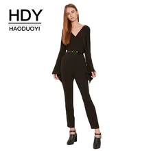 HDY Haoduoyi, сплошной черный элегантный женский комбинезон, полный рукав-фонарик, глубокий v-образный вырез, открытая спина, сексуальный женский комбинезон, повседневный женский комбинезон