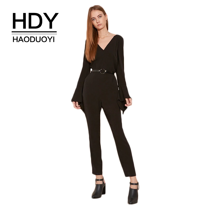 HDY Haoduoyi однотонные черные элегантные женские комбинезоны с широкими расклешенными рукавами глубокий v-образный вырез с открытой спиной