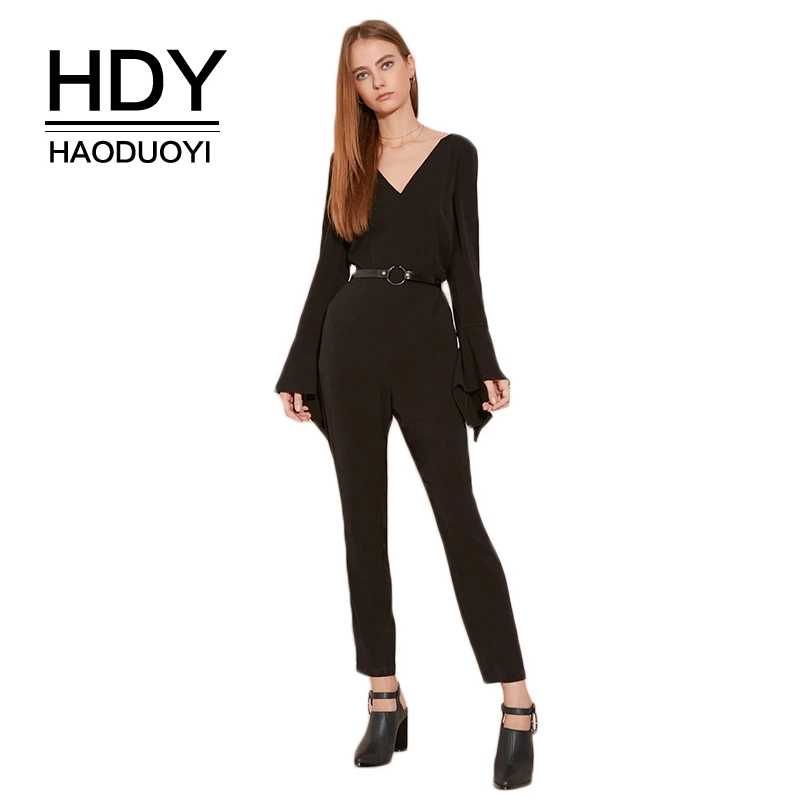 

HDY Haoduoyi Solid Black Elegant Women Jumpsuits Full Flare Sleeve Deep V-neck Backless Sexy Lady Rompers Causal Female Playsuit